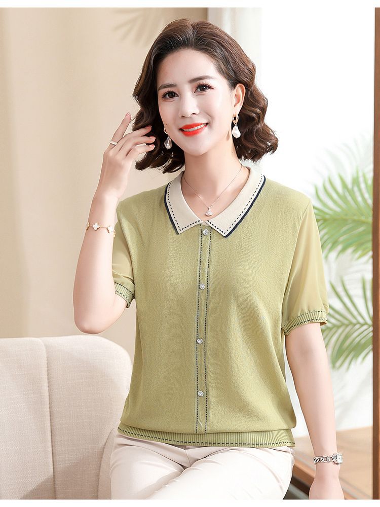 妈妈夏装短袖针织翻领T恤中老年女装冰丝上衣遮肚子薄款小衫套装详情9