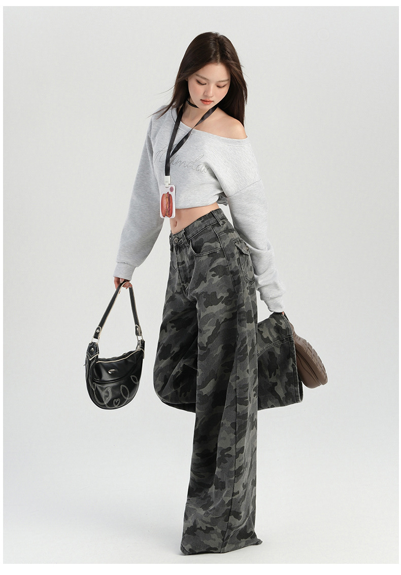 橙绢女装#美式辣妹迷彩高腰阔腿休闲裤女秋季新款高街显瘦拖地裤详情23