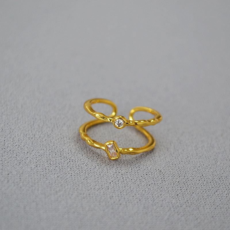 日韩小众简约黄铜镀金锤打纹理双层线条镶嵌锆石闪钻开口戒指女详情6