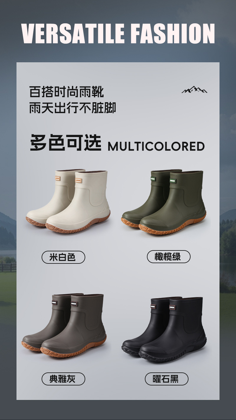 男士日式白色平底胶鞋灰色短靴涉水防水切尔西黑色雨靴防雨鞋套详情2