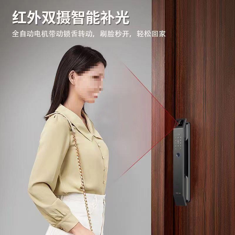 The black smart door lock features a 3D facial recognition screen, a digital keyboard, a handle and a lock tongue structure pic 15
