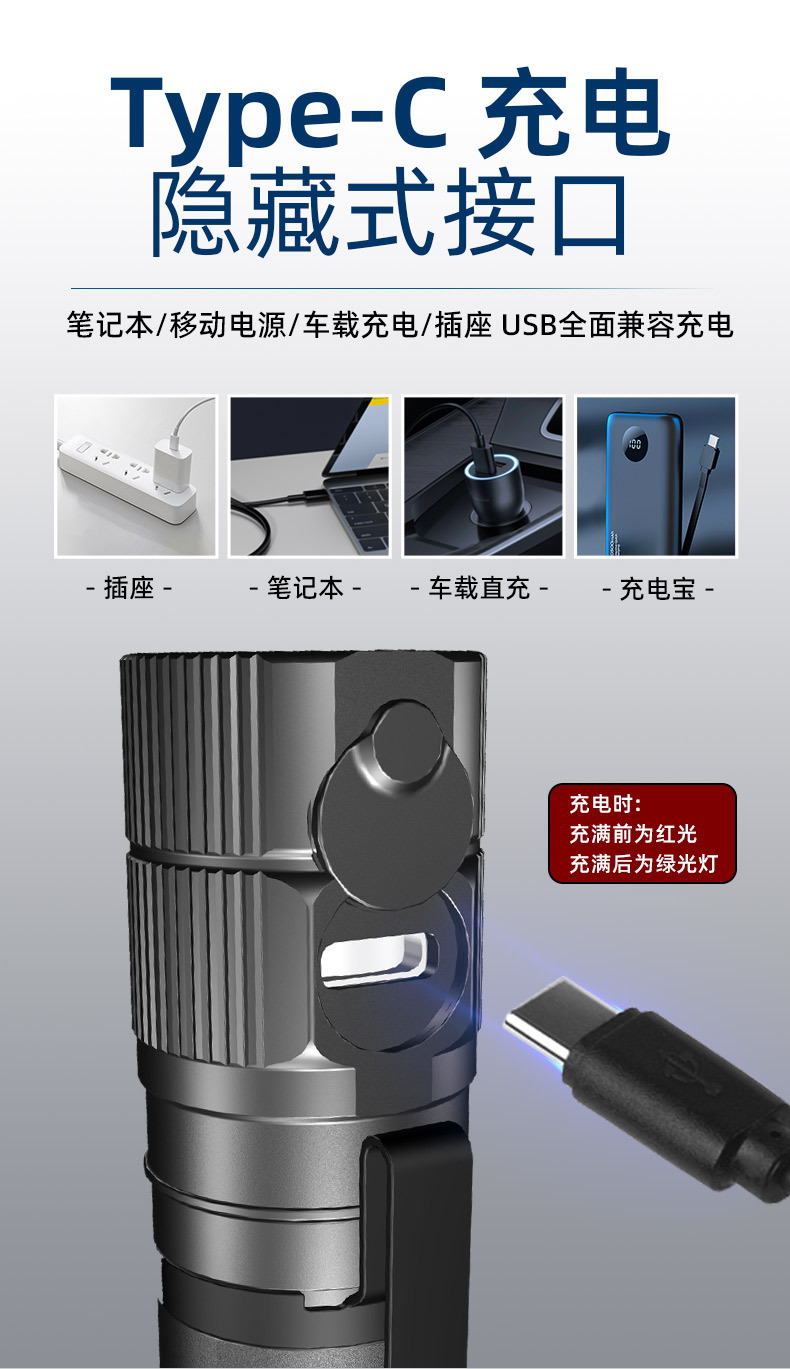 New cross-border outdoor high-intensity flashlight, aluminum alloy shock-resistant small flashlight, portable Type-c rechargeable flashlight pic 11