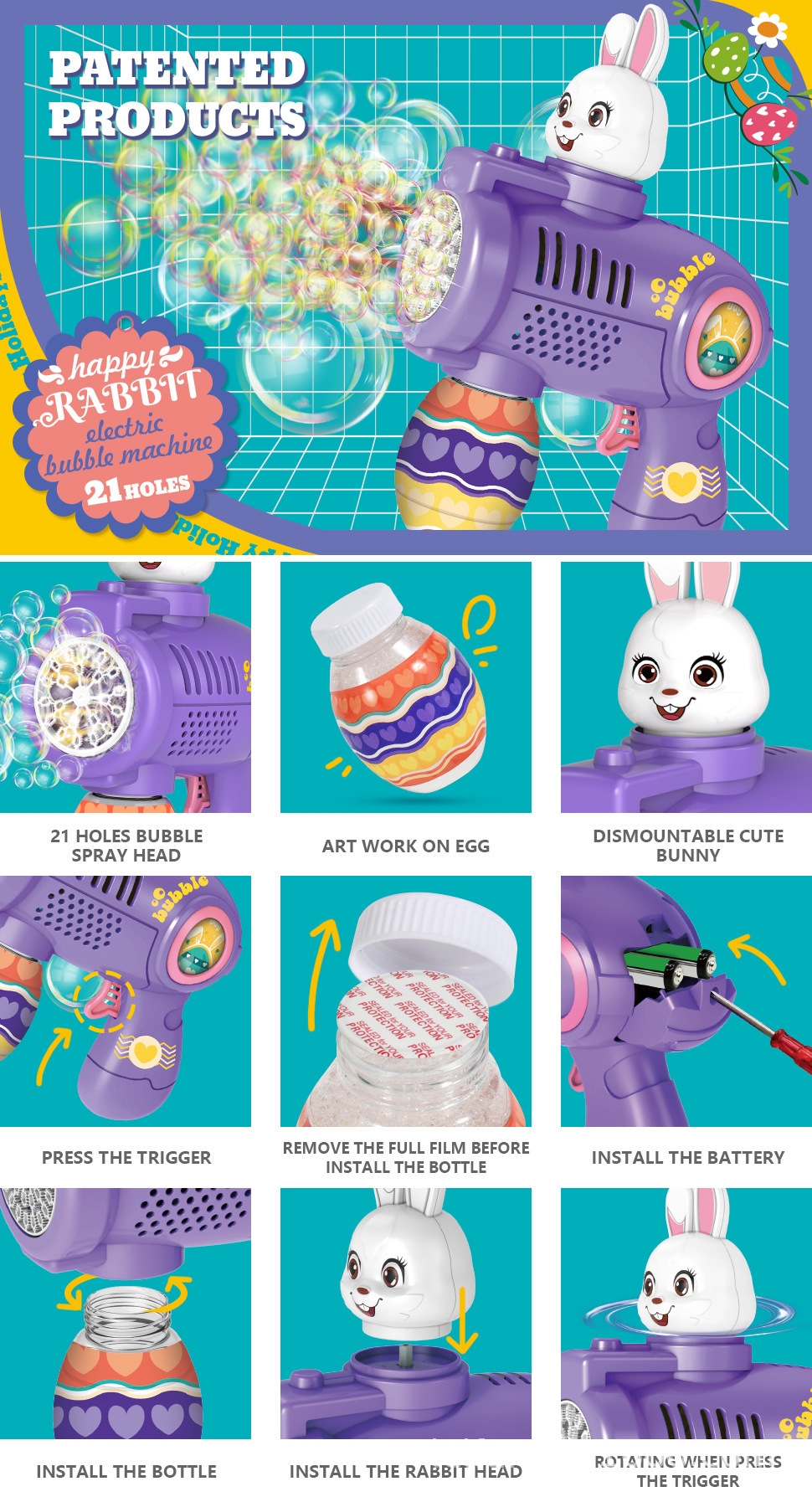The 2026 new rabbit bubble machine, a fully automatic electric handheld Easter bubble gun toy for children, is going cross-border pic 6