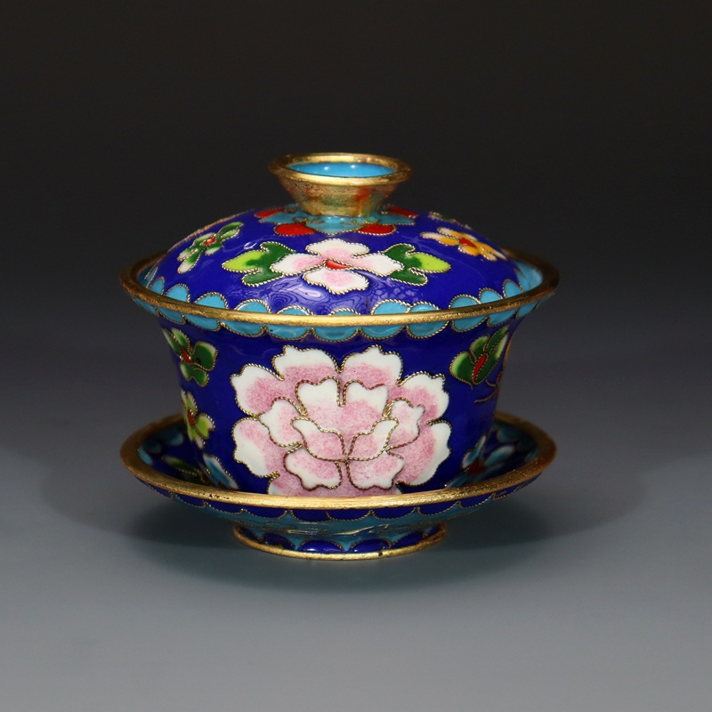 Beijing Cloisonne craft cultural gift and decorative items: copper body, cloisonne enamel, filigree, silver blue, large and small tea bowls and covered bowls pic 7