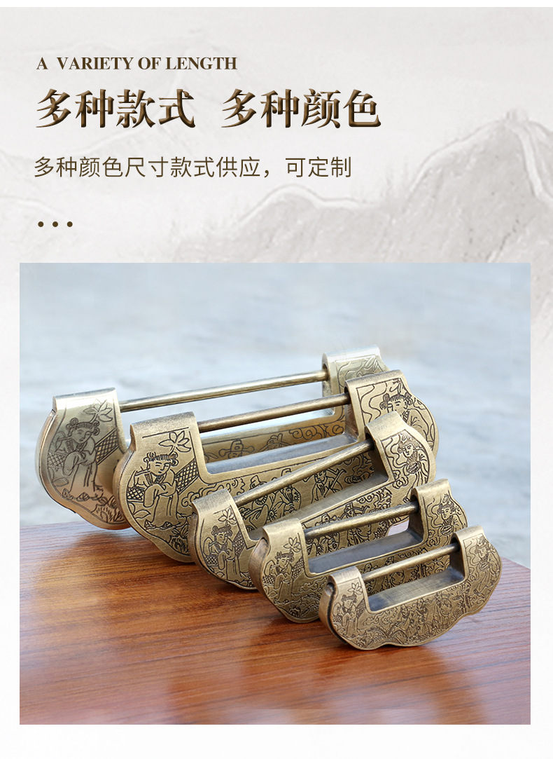Old-fashioned copper lock, Chinese-style antique carved casting box lock, pin lock, retro pure brass thickened ancient horizontal opening padlock pic 4