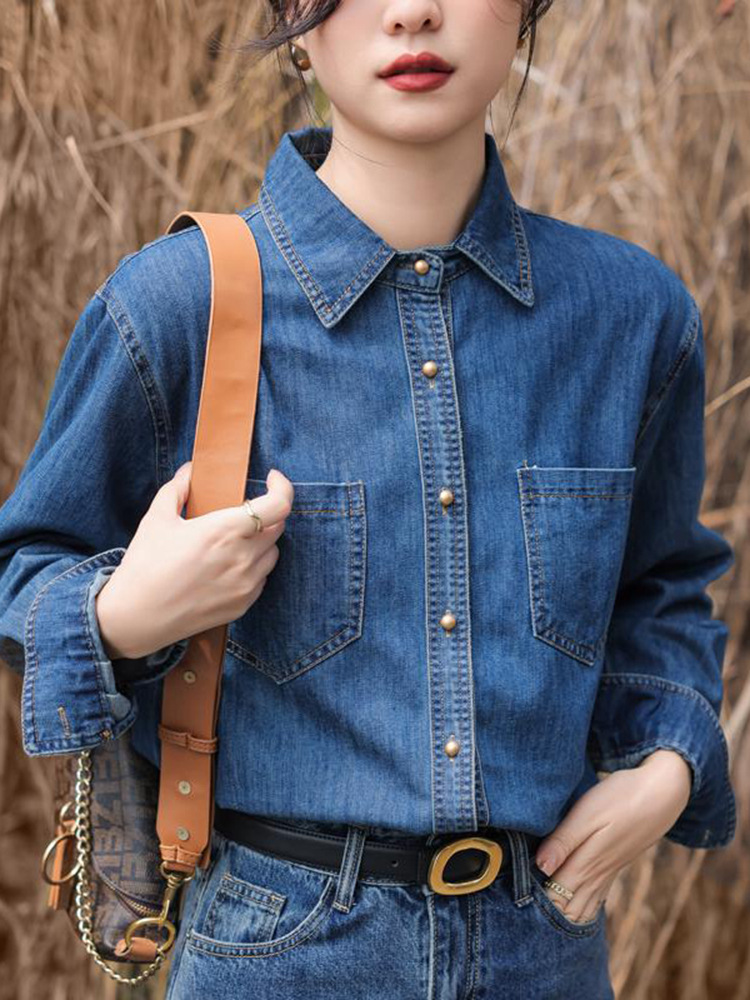 牛仔衬衫女2024春秋新款百搭蓝色韩版时尚休闲宽松翻领大码衬衣详情6