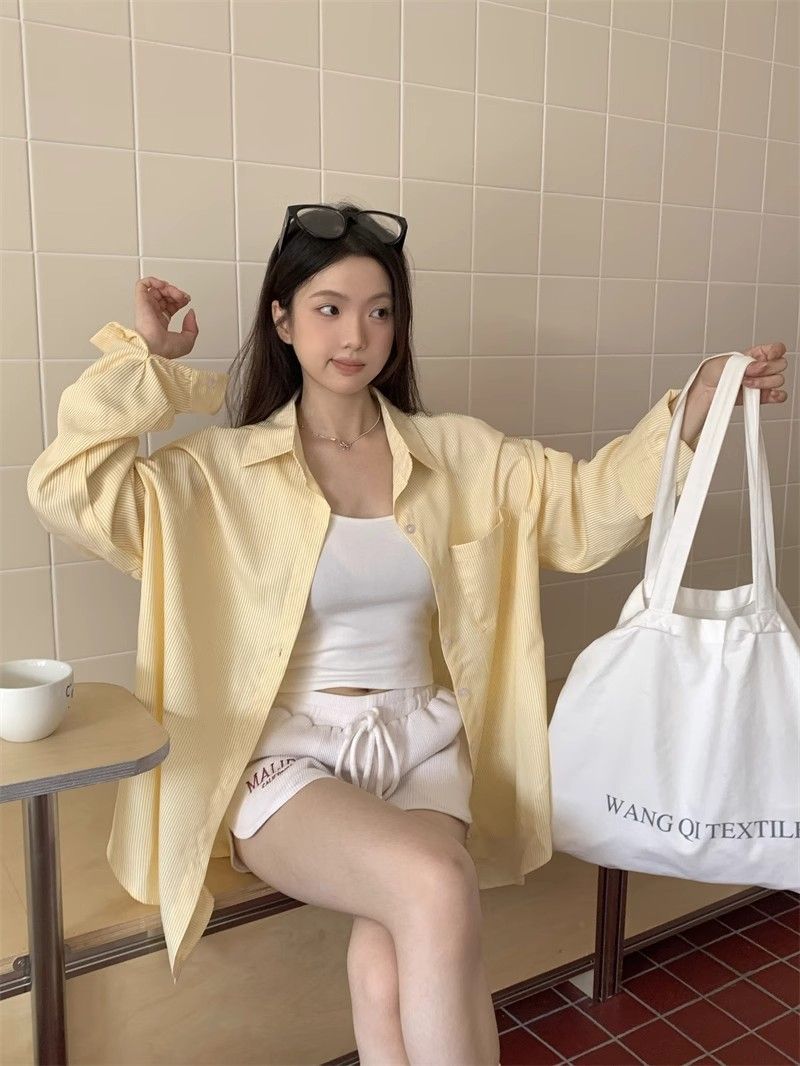 复古港风条纹衬衫外套女春夏长袖休闲垂感衬衣设计感上衣跨境批发详情10