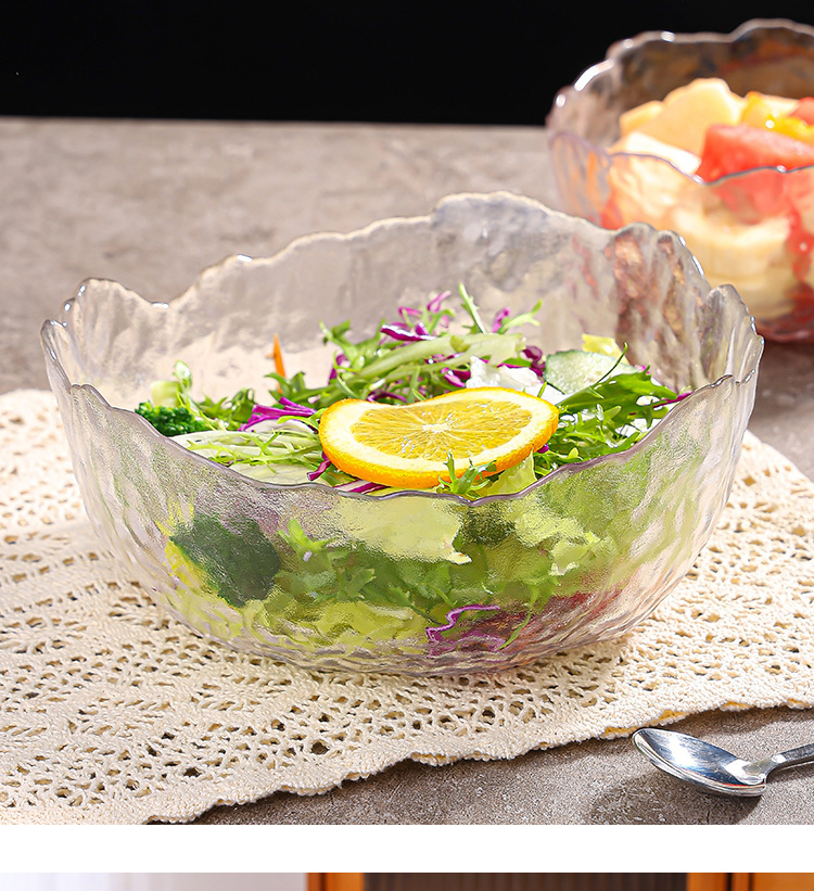 Glass fruit plate, large household salad bowl decoration, snack arrangement, hammer-patterned transparent creative Japanese dessert plate pic 18