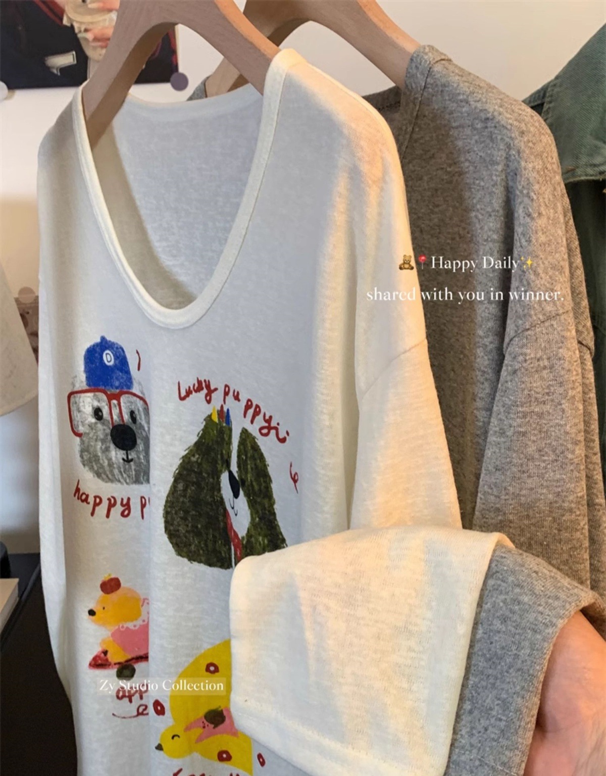 Loose-fitting, wide-necked, thin, sun-protective smock for women, summer, youthful cartoon printed long-sleeved T-shirt, U-neck top pic 14