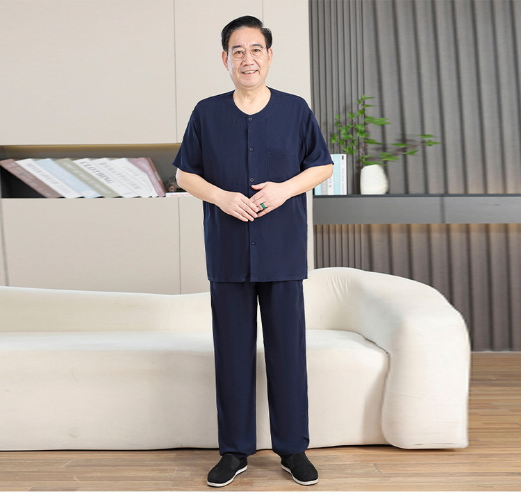 中老年棉绸男士开衫爷爷居家服套装唐装短袖长裤睡衣休闲爸爸装夏详情7
