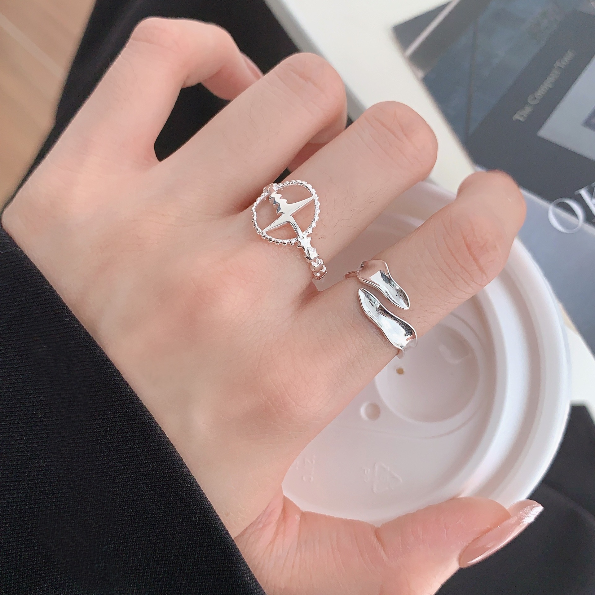 Geometric irregular 12.16 wave ring S925 sterling silver simple and niche heartbeat ring design, cold style adjustable pic 2