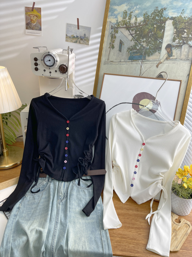 抽绳针织长袖t恤女2024秋新款修身短款设计感内搭打底衫上衣4659详情4