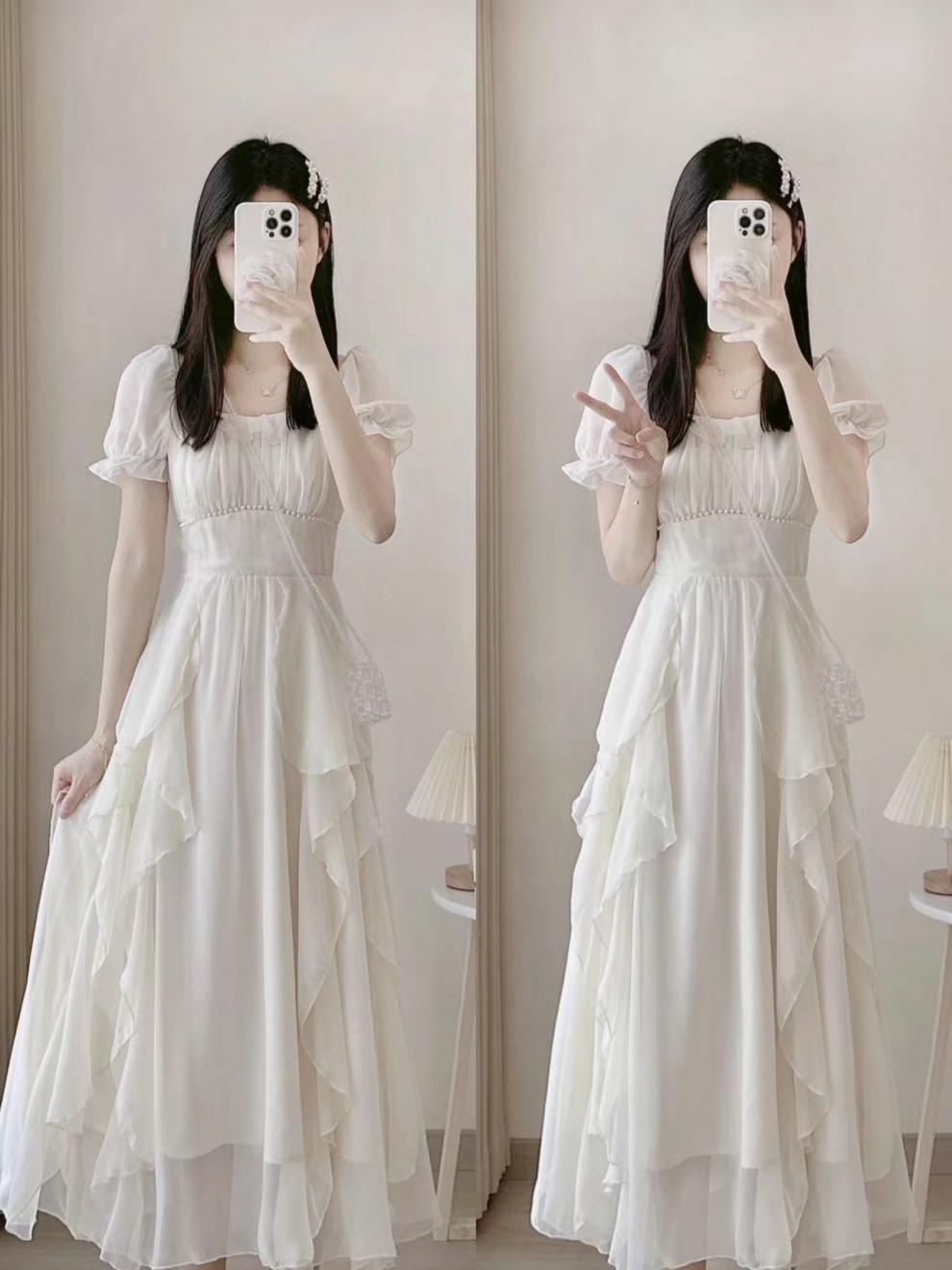 法式甜美温柔风粉色仙长裙夏季新款大码胖MM收腰显瘦雪纺连衣裙女详情10