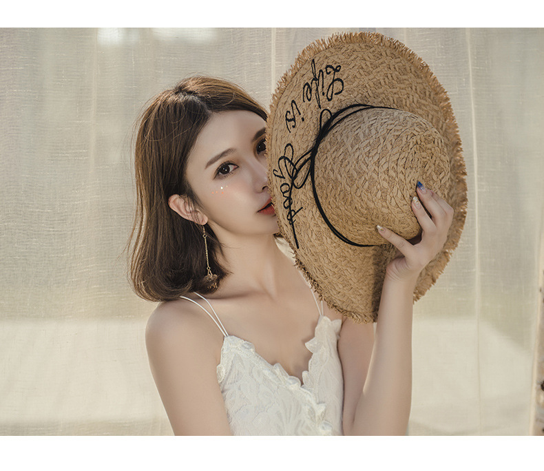 帽子女夏季字母刺绣毛边大沿沙滩太阳帽出游海边度假防晒遮阳草帽详情11