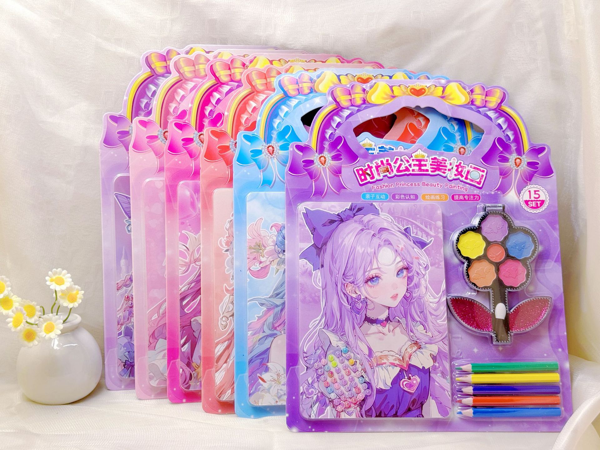 批发儿童彩妆贴画DIY填色涂鸦化妆贴画彩画彩铅钻贴6只笔一卡4张详情5