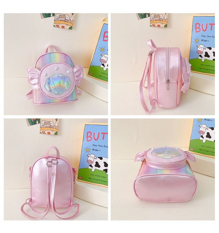 Rainbow gradient sequin backpack, pearl shell pattern, pink bow, outdoor hiking canvas schoolbag, lightweight and durable pic 11