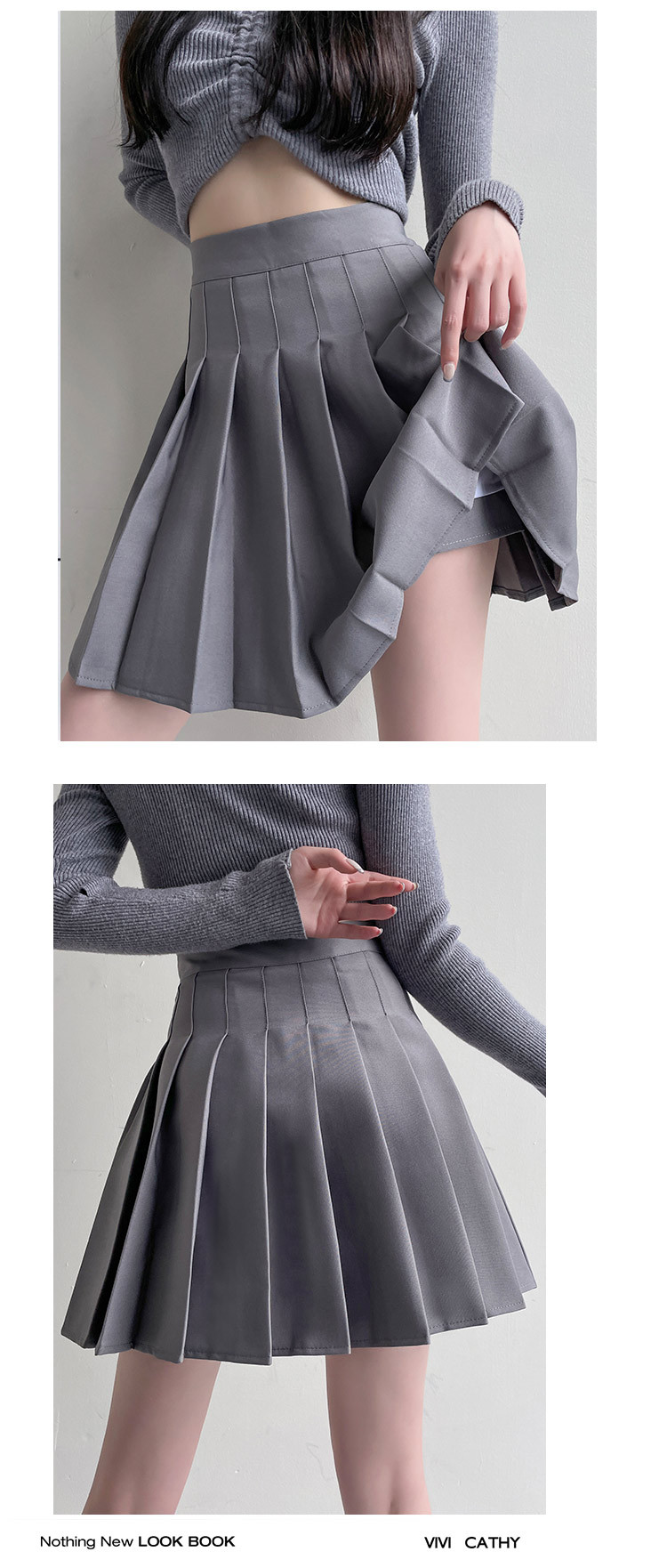 百褶裙女高腰春夏2024新款显瘦半身裙垂感jk短裙学院风浅灰a字裙详情7