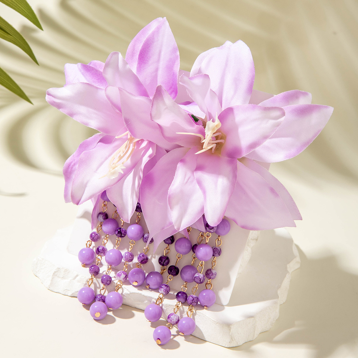 欧美跨境时尚清新布艺花朵流苏串珠优雅甜美情人节礼物耳坠耳环女详情40