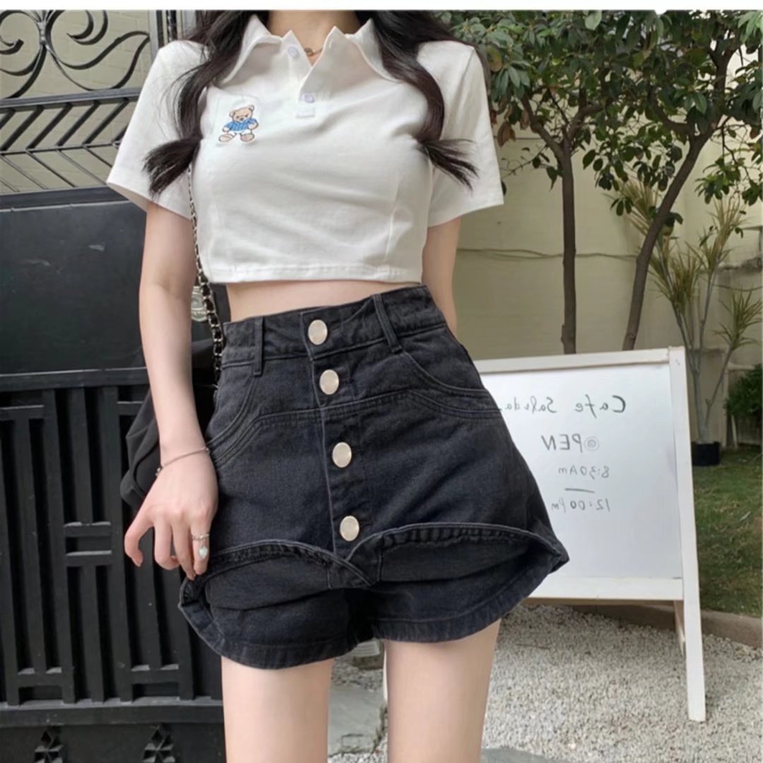 大码胖mm假两件裤裙显瘦半身短裤裙女夏季高腰牛仔短裙黑色a字裙详情8