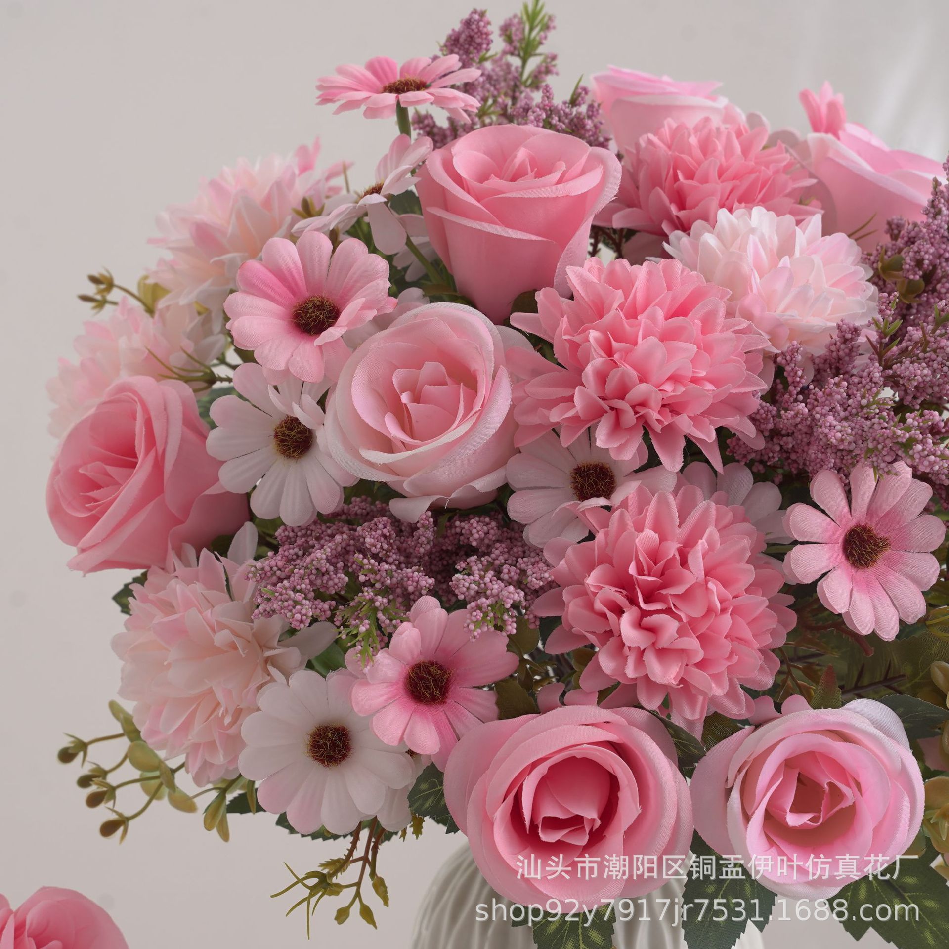 欧式仿真花假花7叉秋色玫瑰球菊手捧花绢花家居婚礼装饰花小把束详情5