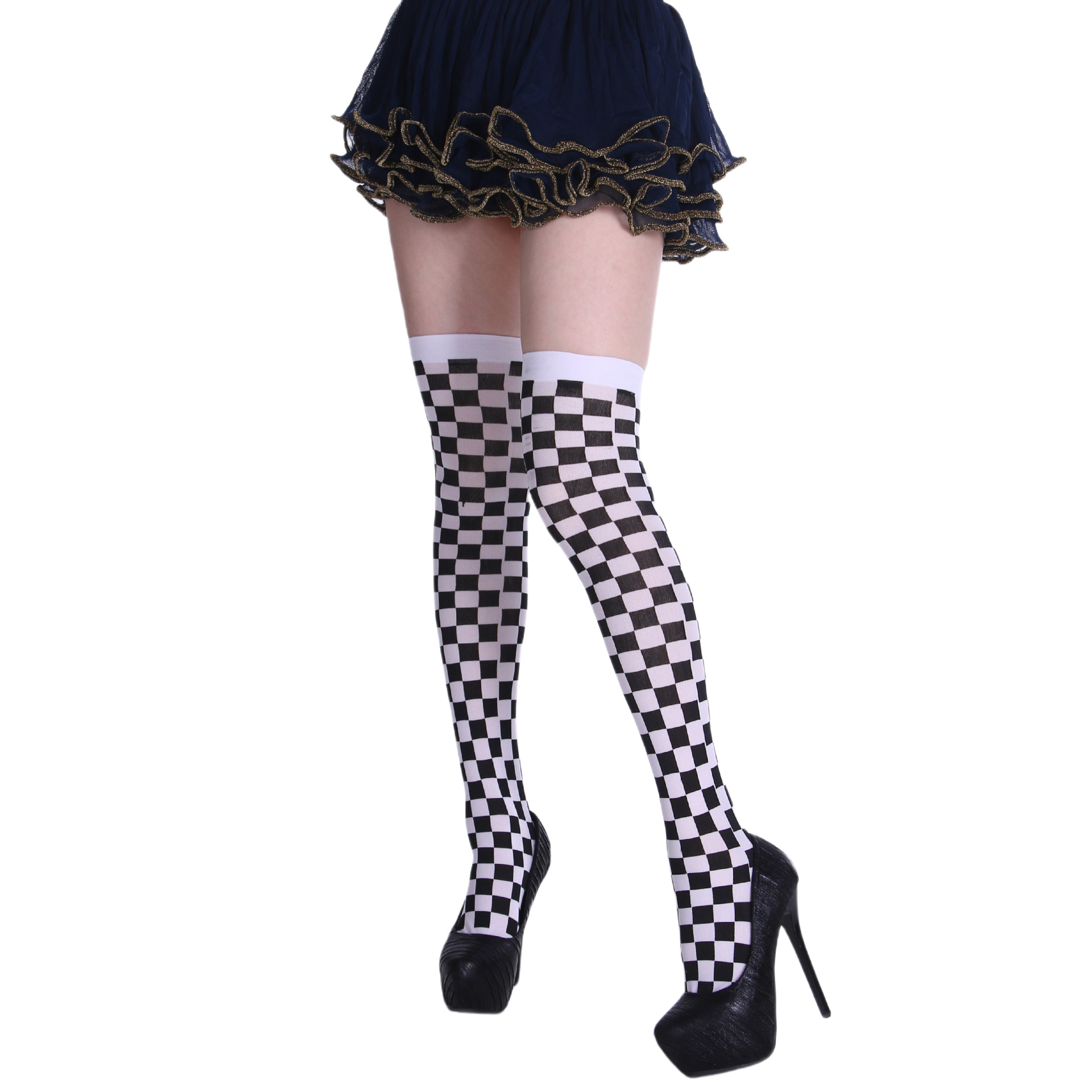 厂家直销万圣节派对丝袜小丑袜扑克花菱格方格圆点印花过膝长筒袜详情3