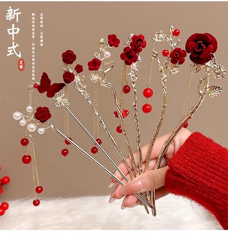红色新年发簪新中式后脑勺盘发高级感簪子古风高级感步摇流苏发饰详情14