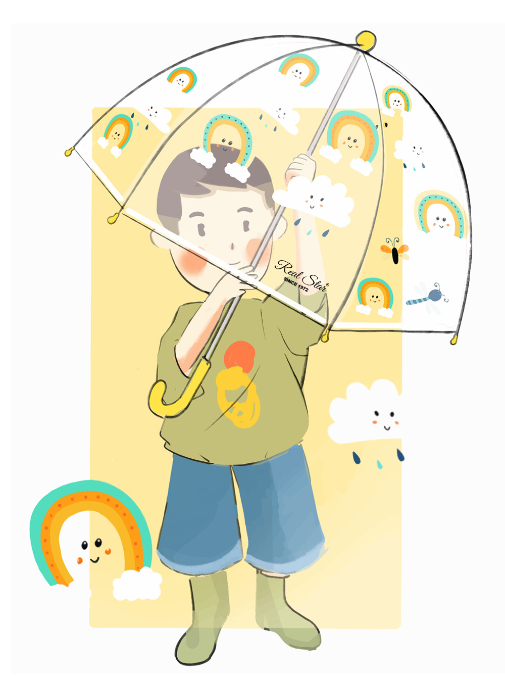 新款插画手绘儿童塑料雨伞男女幼儿园拱形透明伞厂家现货批发详情4