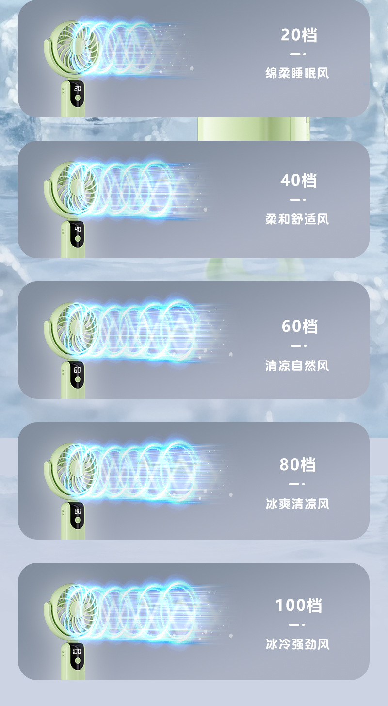 新款跨境便携式登山扣户外宿舍桌面数显百档迷你手持小风扇可印字详情7