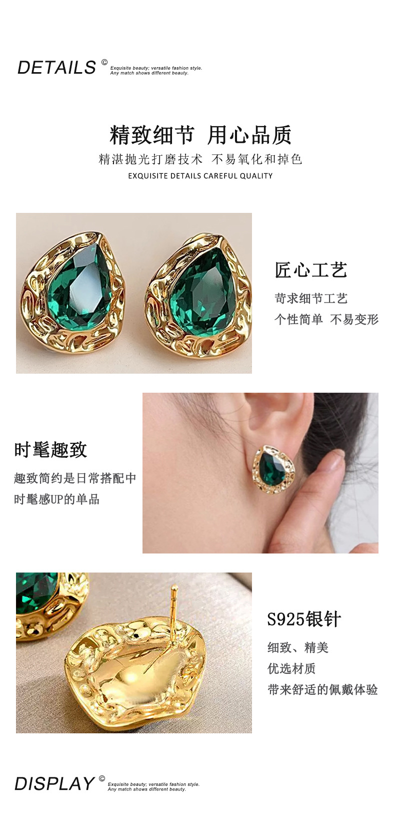 925 retro light luxury inlaid teardrop-shaped grandmother zirconia stud earrings with a unique design sense and a heavy industry style, vintage accessories pic 51