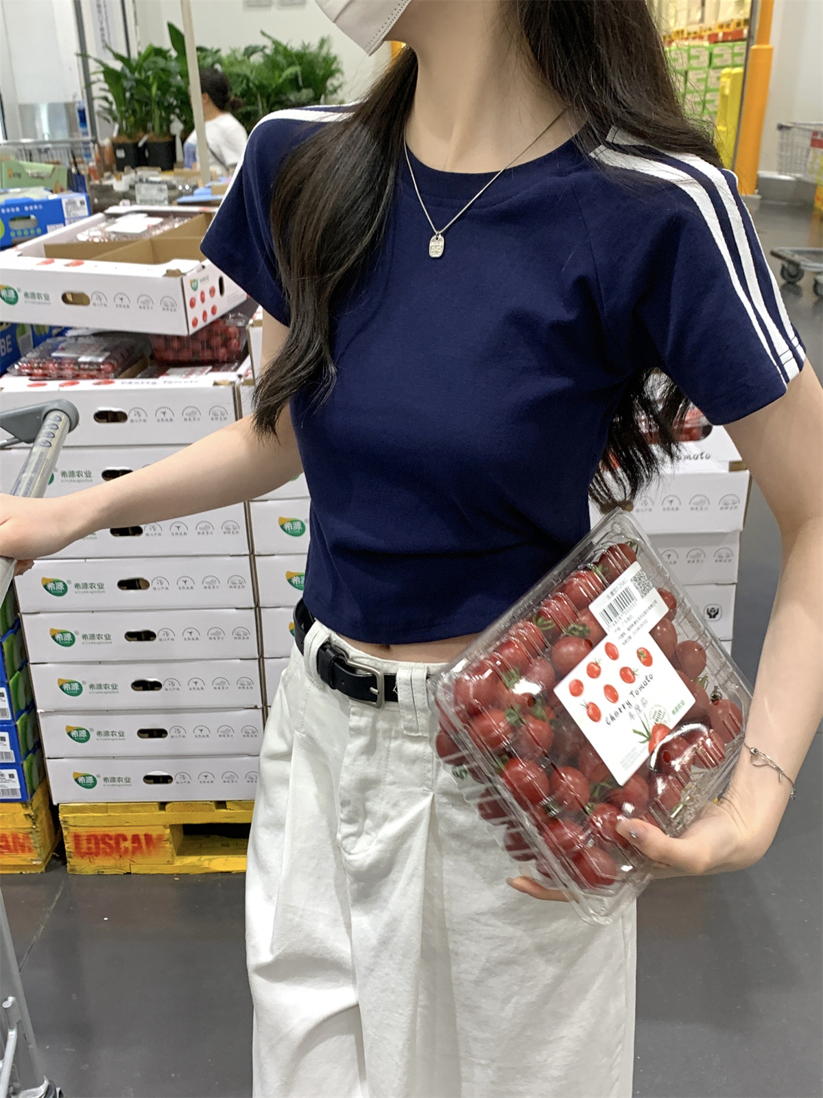 美式2024夏季新款韩版圆领修身插肩杠条显瘦百搭短袖T恤女装上衣详情15