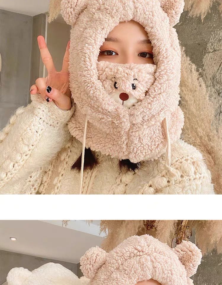 小熊帽口罩帽子围巾一体冬天女冬天骑车防寒保暖帽子女秋冬时尚帽详情5