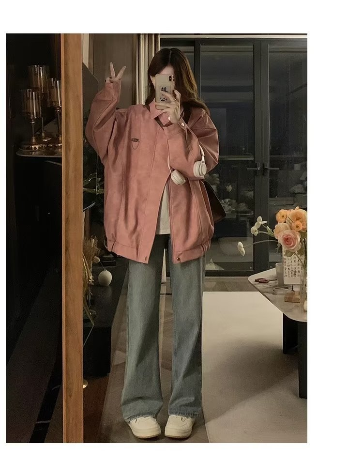 美式复古翻领外套女chic春秋潮流休闲宽松设计感PU皮学生夹克上衣详情11