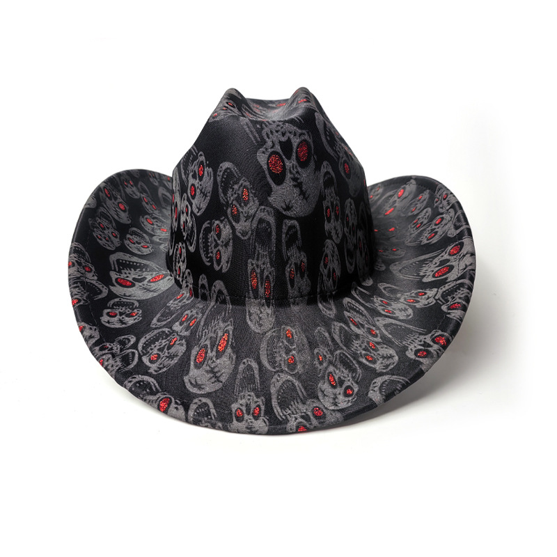 Black skull pattern cowboy hat for Halloween party in stock, cross-border cool sun hat, Amazon holiday cowboy hat pic 2