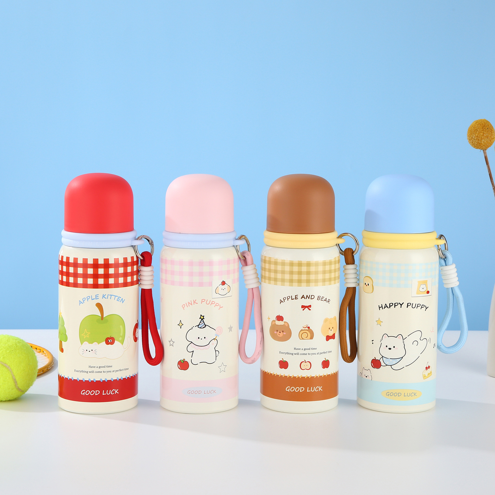 High appearance level 316 stainless steel insulated cup cartoon portable water cup with a carrying rope, cute outdoor large-capacity travel cup pic 1