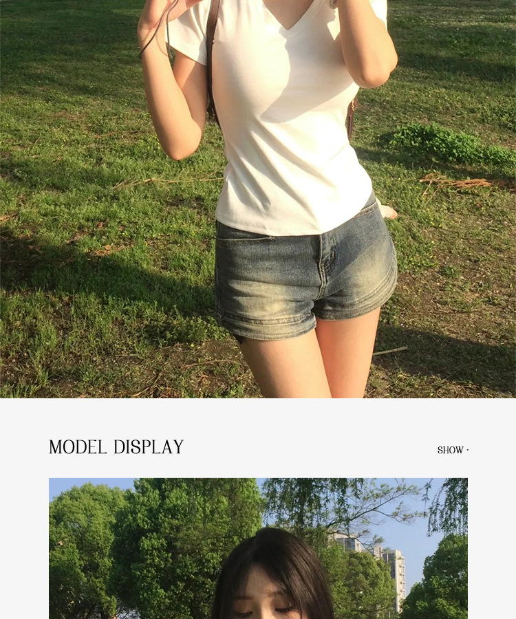 纯棉v领短袖t恤女夏2025新款白色内搭修身显瘦掐腰半袖薄正肩上衣详情17