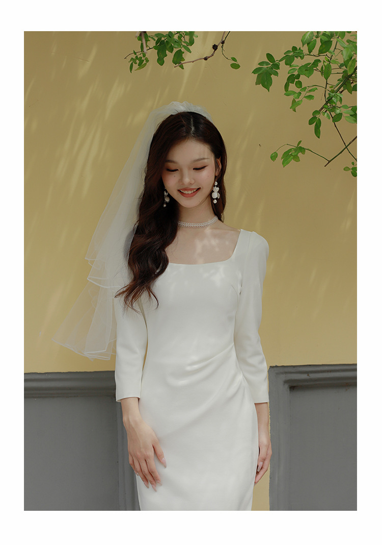 白色法式小礼服方领短袖修身微弹力长款领证订婚小晚礼服连衣裙详情29