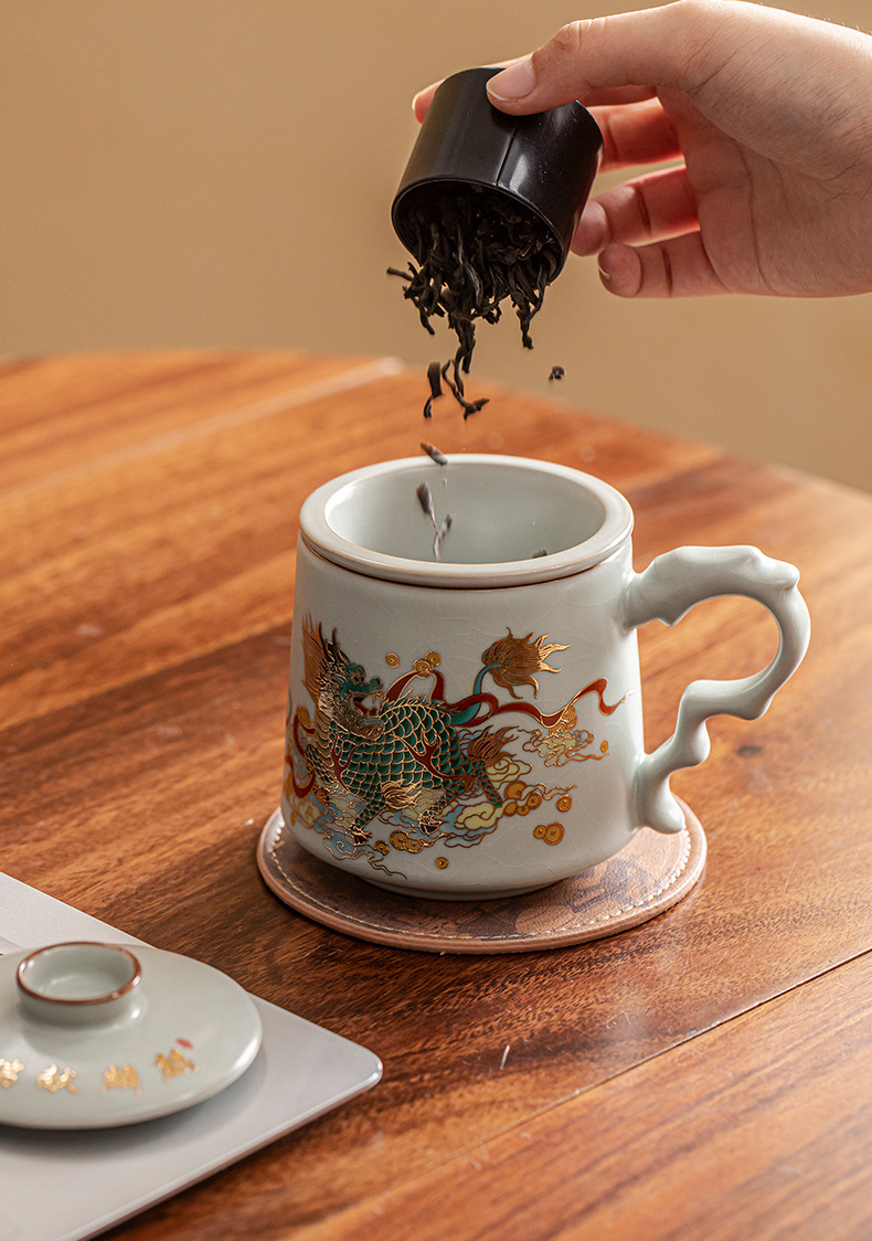 Rongshantang Gilded Ru Kiln office cup, Ceramic belt filter Ru Kiln tea cup, tea-water separation business conference tea cup pic 24
