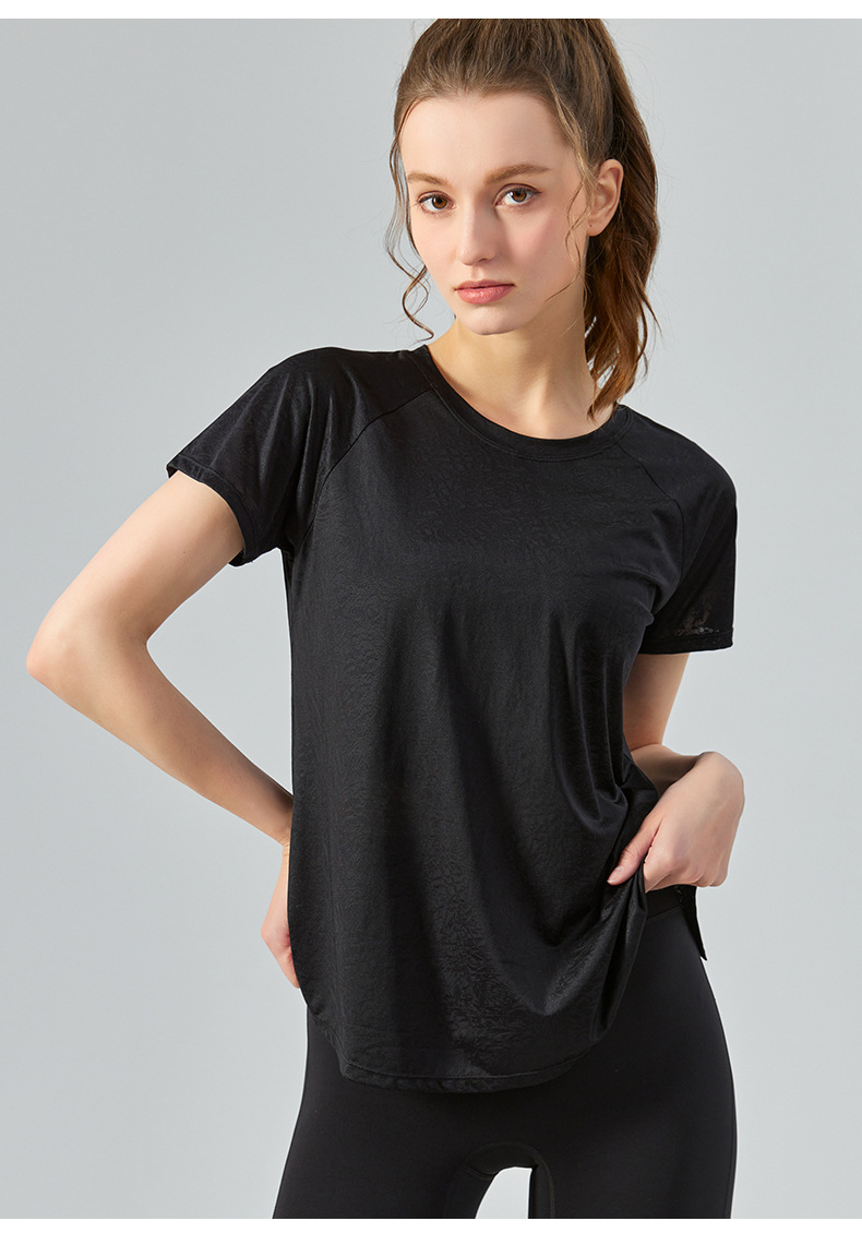 Spring and summer jacquard slit cutout yoga smock for women, light and quick-drying short-sleeved T-shirt, loose and breathable yoga wear top pic 31