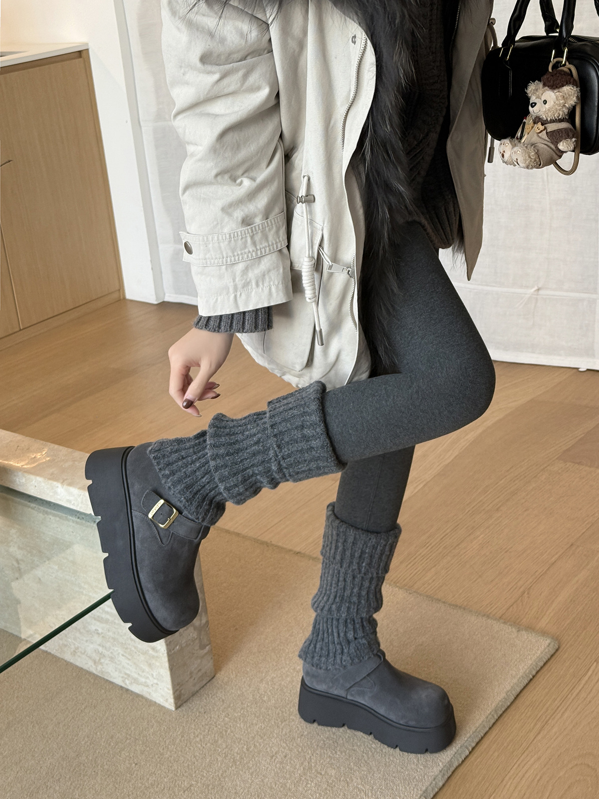 MARCO&JOYCE厚底增高勃肯鞋女冬季新款加绒松糕一脚蹬乐福鞋单鞋详情44