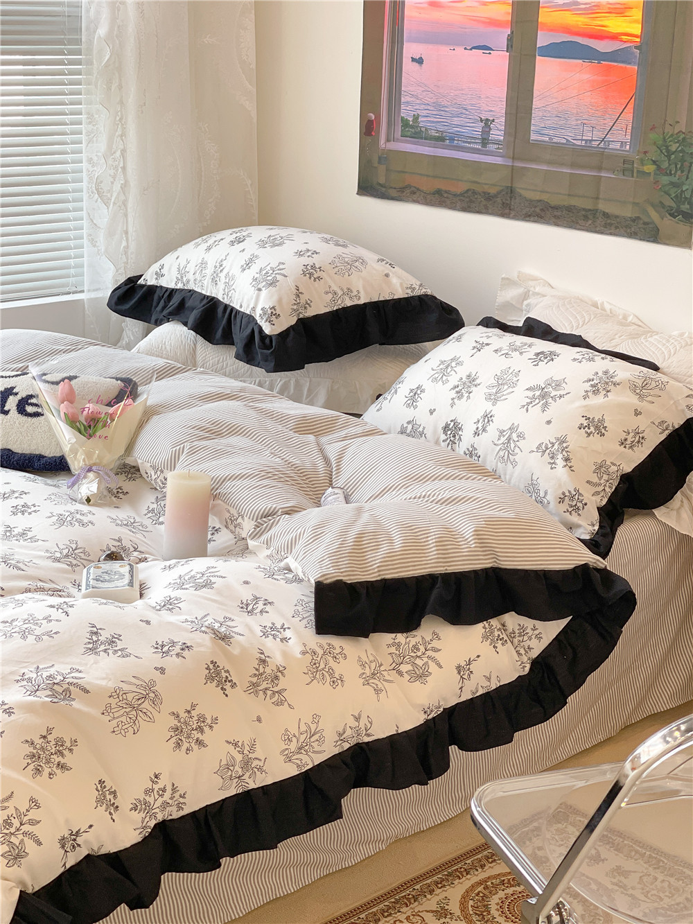 French Hepburn style pure cotton four-piece set, high-end feel, pure cotton black and white sketch flower duvet cover, all-cotton edge bedding pic 10