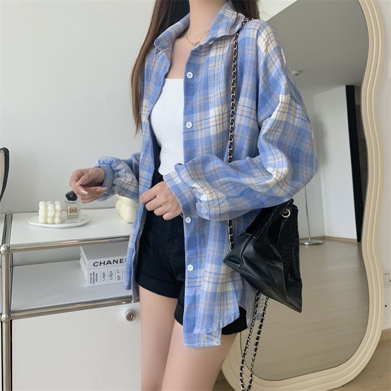 幂式穿搭早秋女复古格子衬衫慵懒风宽松衬衣开衫外套长袖上衣详情16