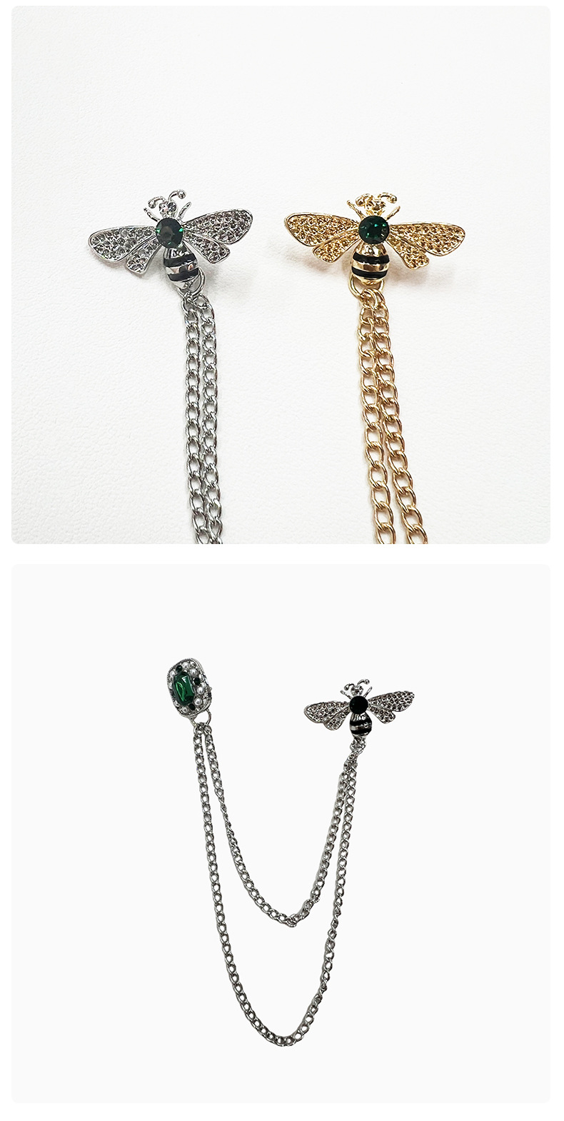 英伦风绿宝石蜜蜂胸针ins小众个性镶钻带链西装服饰链条别针配饰详情4