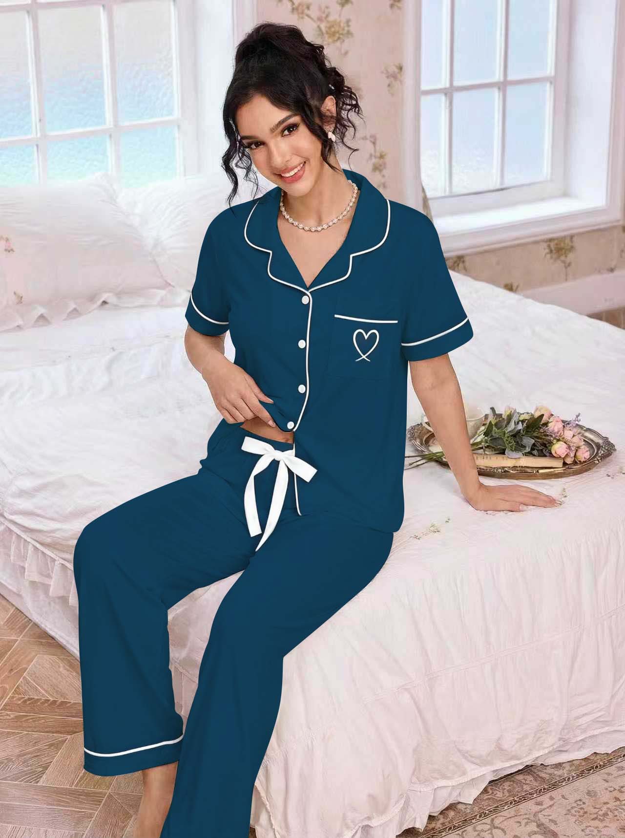 亚马逊欧美家居服套装翻领开衫短袖长裤爱心绣花睡衣女外贸独立站详情9