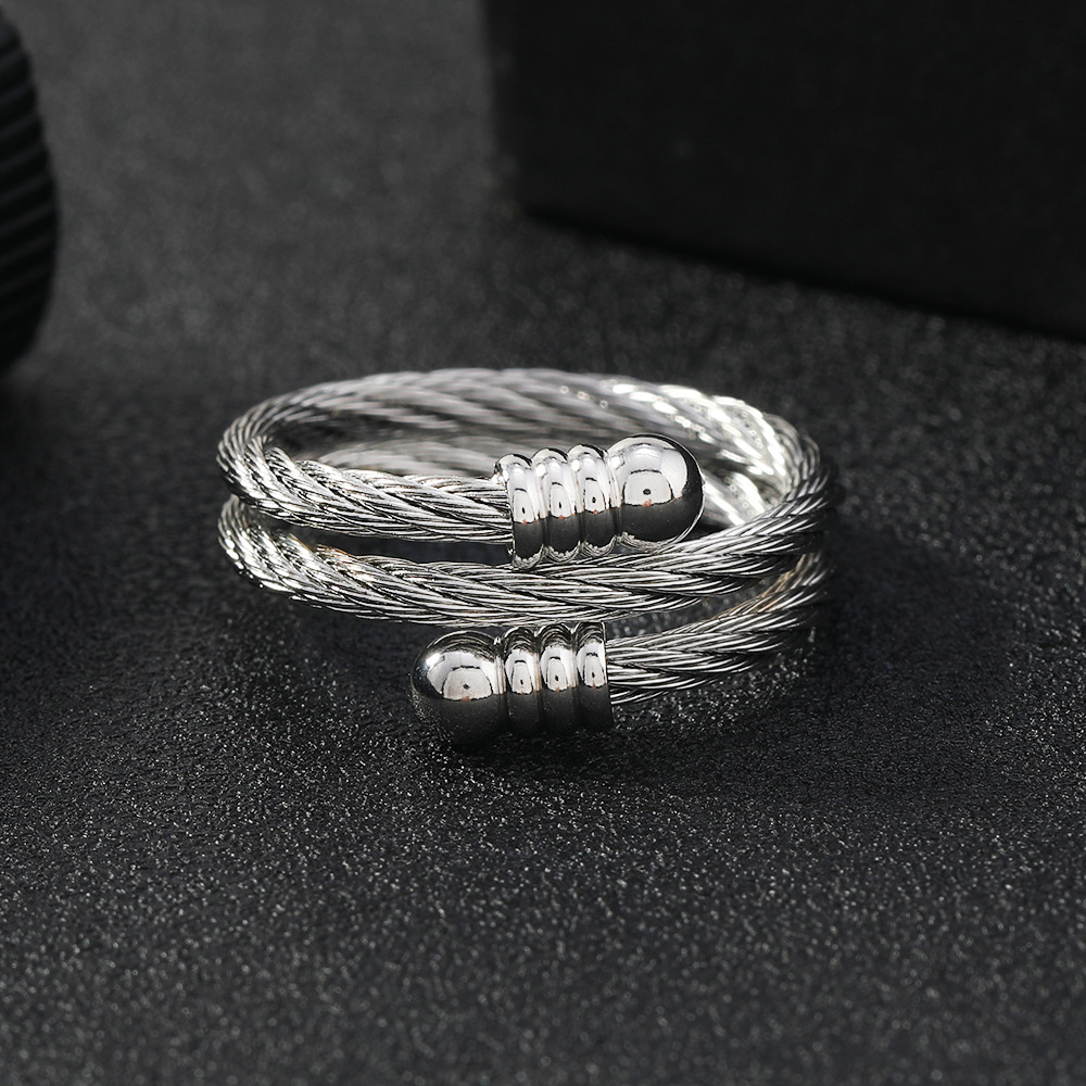 欧美跨境 简约个性不锈钢缆线戒指饰品女 开口可调节小众情侣指环详情13