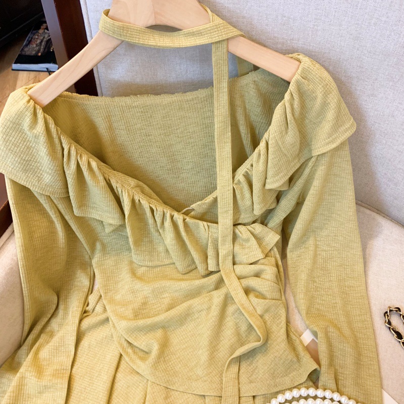 实拍~纯欲甜美荷叶边飘带一字肩收腰褶皱天丝上衣不规则衬衫详情18