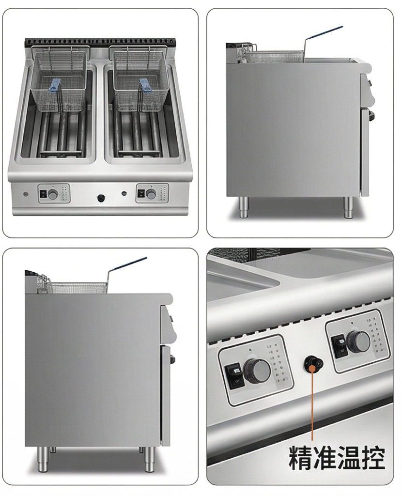 Kaiping double-cylinder double-screen gas fryer with cabinet base, commercial deep fryer, French fries machine, street frying machinery and equipment pic 3