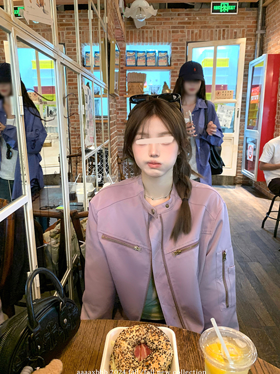 aaaaxbb 希尔维斯画刊 皮拼接棕紫两色初秋外套短款宽松长袖上衣详情8