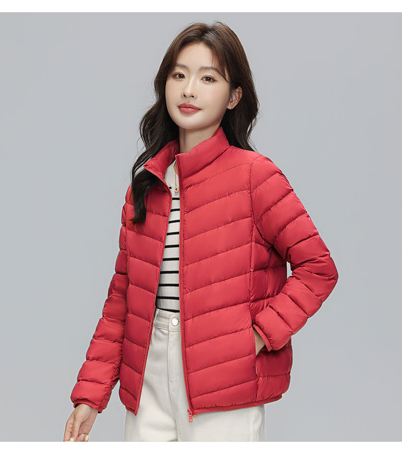A light and thin down jacket for women in the autumn and winter of 2025, a short 90mm white duck down winter stand-up collar, a slimming casual coat trend pic 28