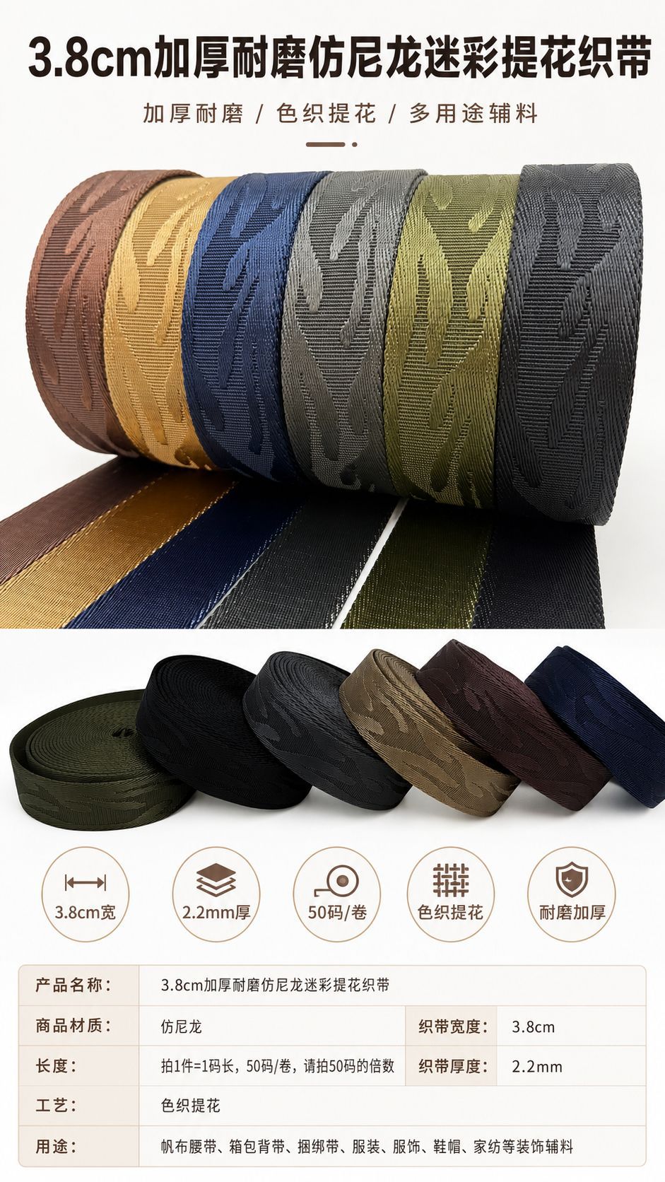 3.8cm wide imitation nylon thickened wear-resistant imitation nylon jacquard webbing, bag shoulder straps, webbing, DIY handcrafted accessories, clothing belts, home textile fabric decoration accessories pic 3