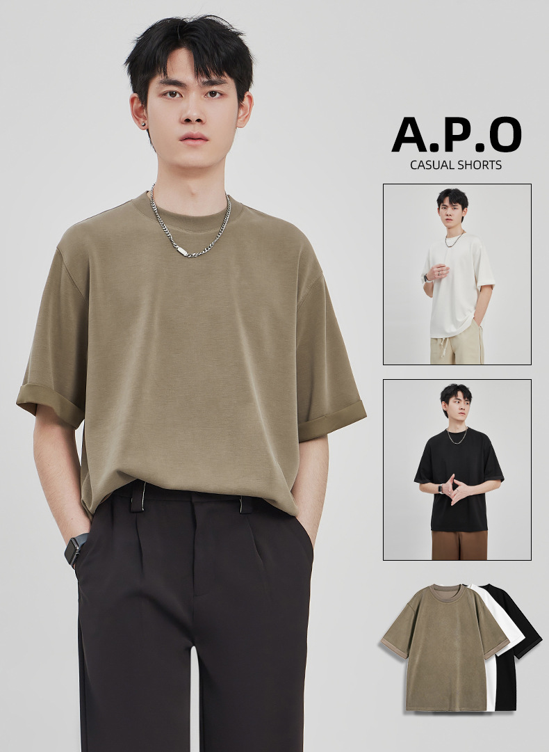 APO男装|潮流垂感针织T恤男士2025春夏新款纯色宽松休闲短袖上衣详情1